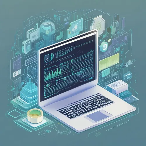 Developer workspace with laptop showing data visualization